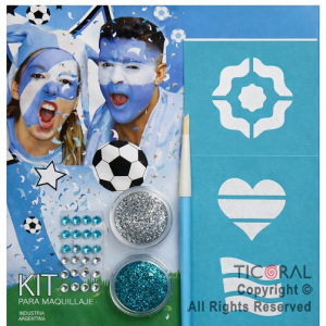 KIT MAQUILLAJE ARTISTICO PATRIO GLITTER CELESTE Y PLATA (4 GR)+PINCEL+ STRASS+STENCIL
